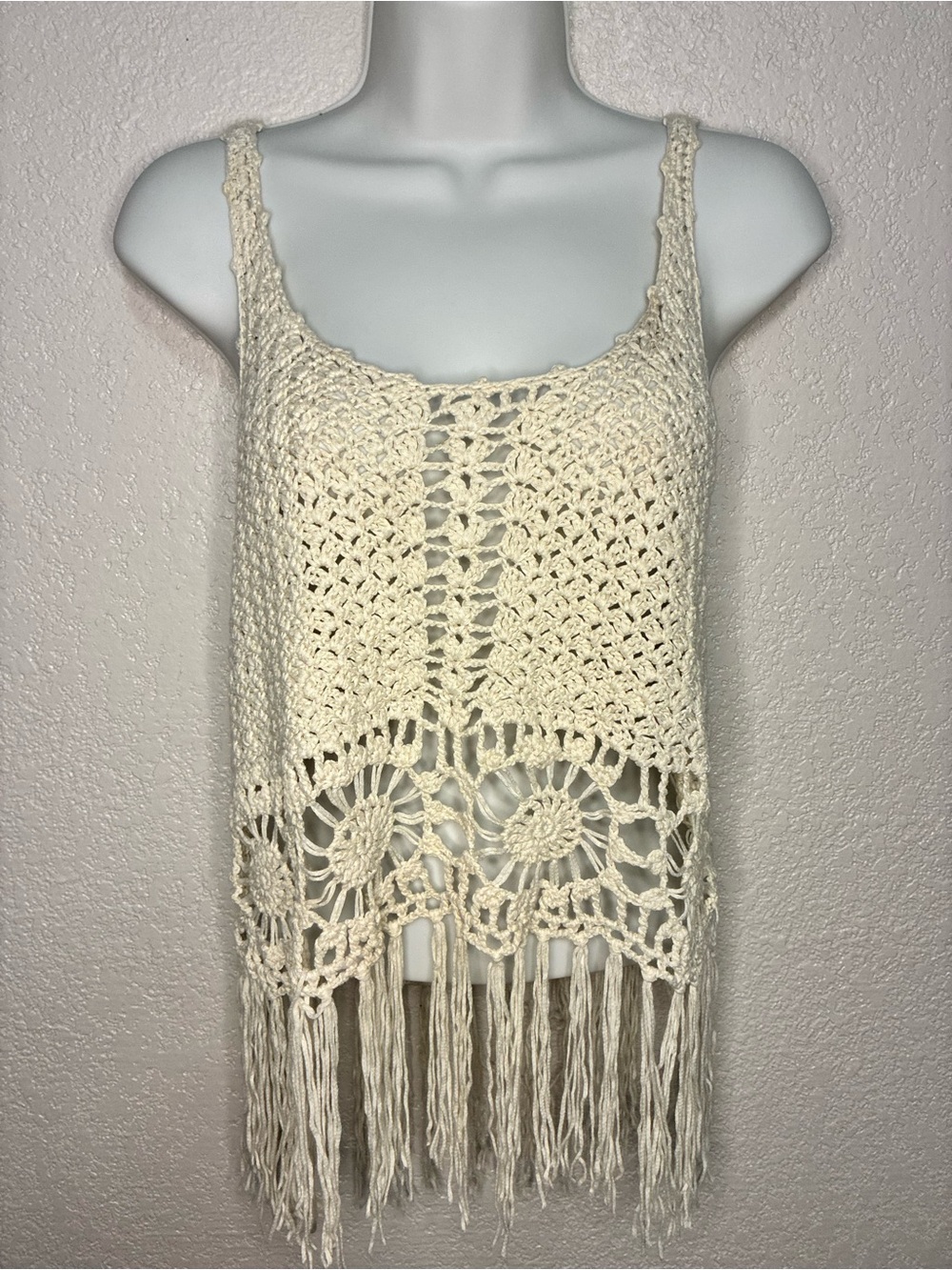 Forever 21 Cream Crochet Fringe Tank Top